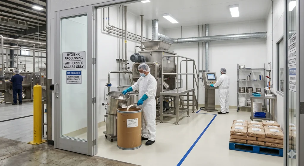 Dedicated food-grade blending room with stainless steel equipment designed to prevent cross contamination