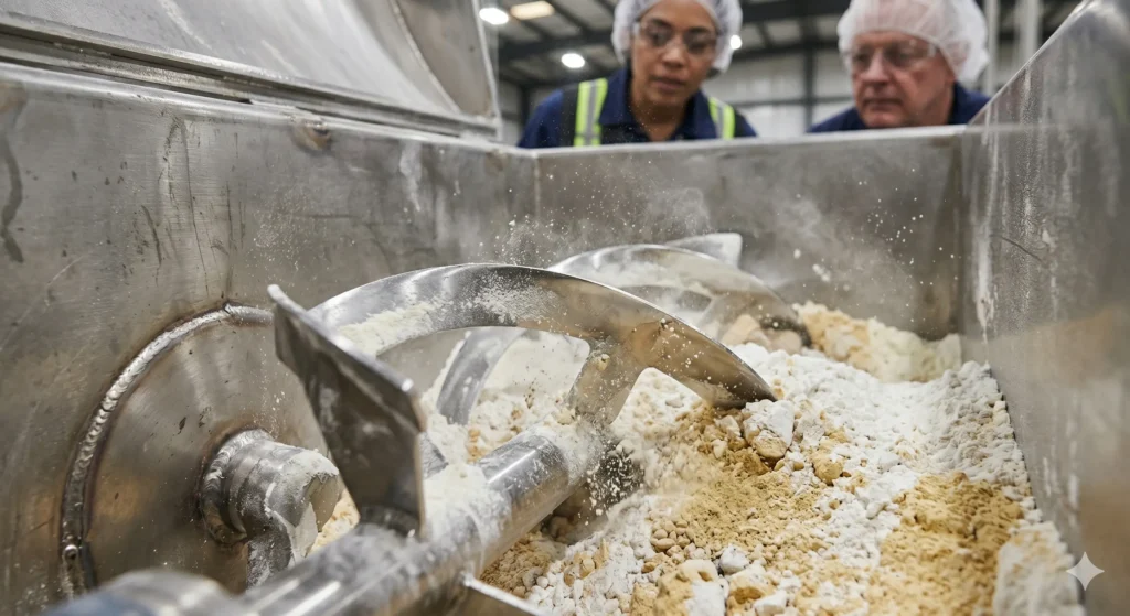Dry powder ingredients being blended inside a stainless steel ribbon mixer in a food-grade manufacturing facility