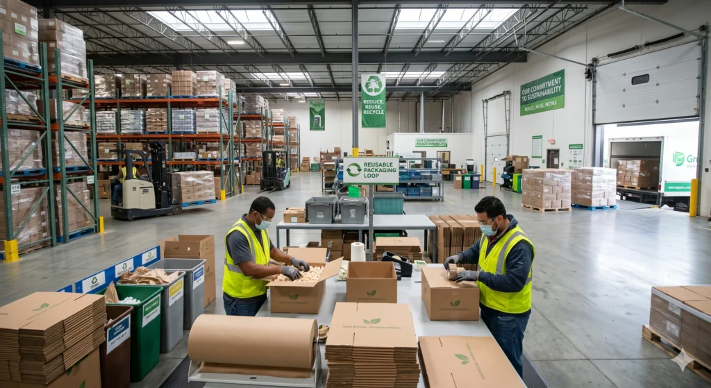 Workers using eco-friendly packaging materials in a clean fulfillment warehouse focused on sustainable practices