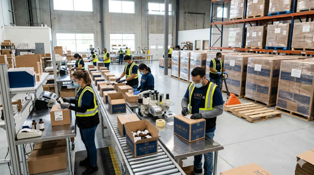 Workers packaging premium branded products in a clean fulfillment warehouse with finished goods prepared for distribution