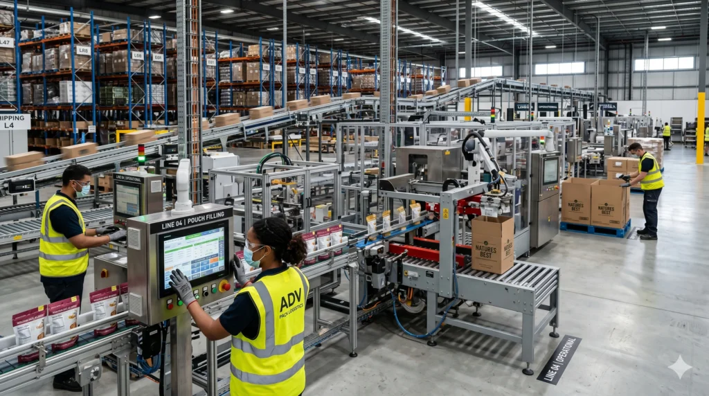 Workers operating advanced packaging and automation systems in a modern fulfillment facility showcasing innovation and versatility