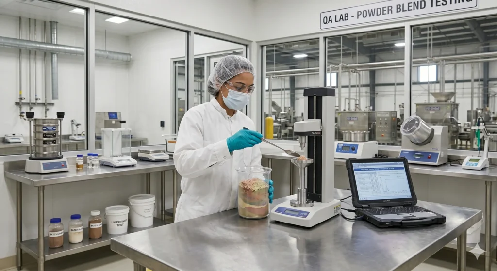 Clean and isolated blending room inside a food-grade manufacturing facility featuring stainless steel blending equipment and controlled production areas. The dedicated environment supports safe processing, sanitation standards, and consistent product quality for custom dry blending operations.