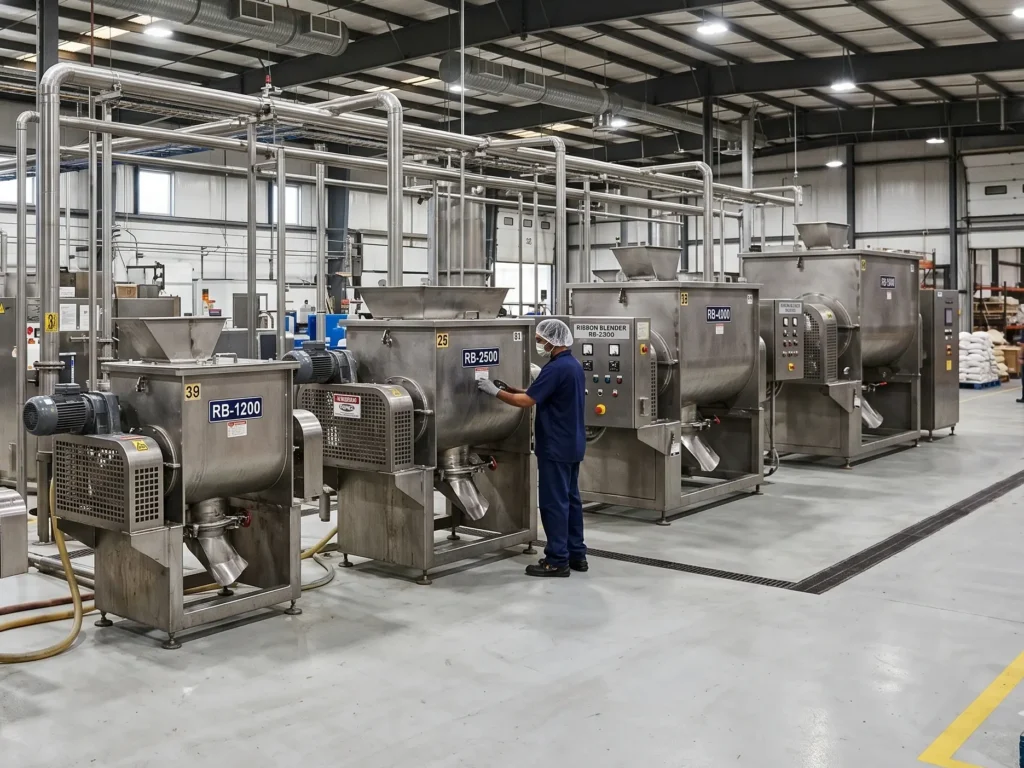 Multiple stainless steel ribbon blenders inside a clean food-grade blending facility used for custom dry powder manufacturing