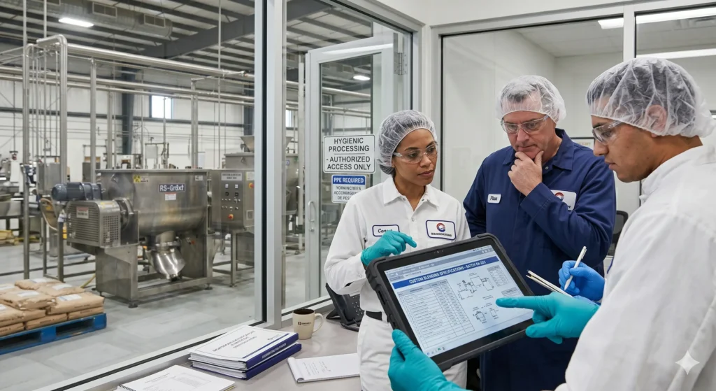 Manufacturing professionals reviewing custom blending specifications on a tablet inside a food-grade blending facility
