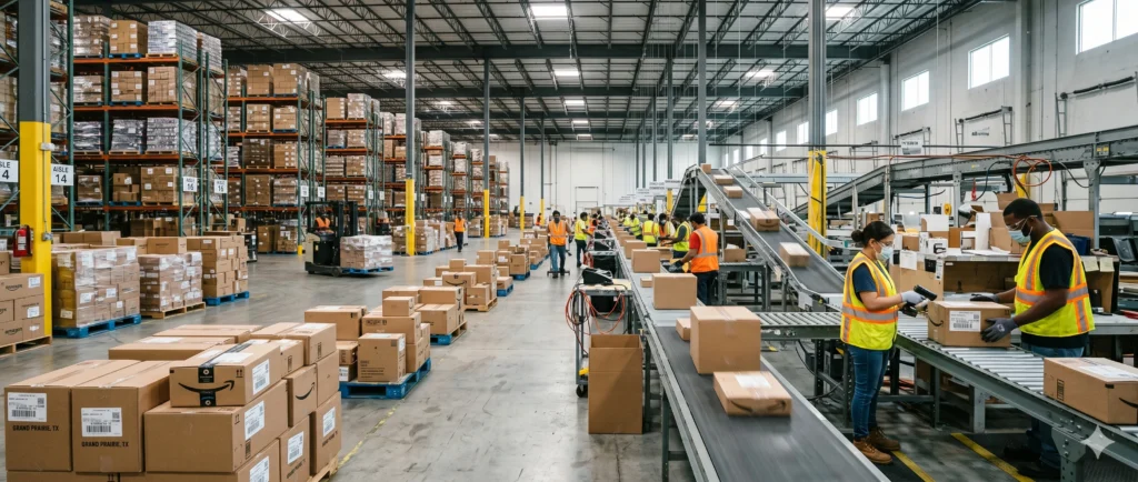 Order fulfillment warehouse with workers scanning boxes and pallets of packaged goods in a clean logistics facility
